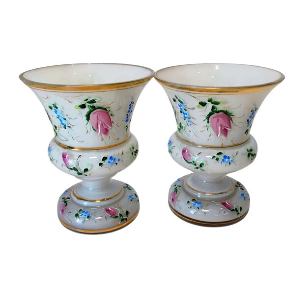 Bohemian Czech Cased Glass Vases Pair White Painted Pink Roses -CHIP READ